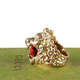 Authentic Gucci Lion Head Motif Crystal Ring In Gold Red