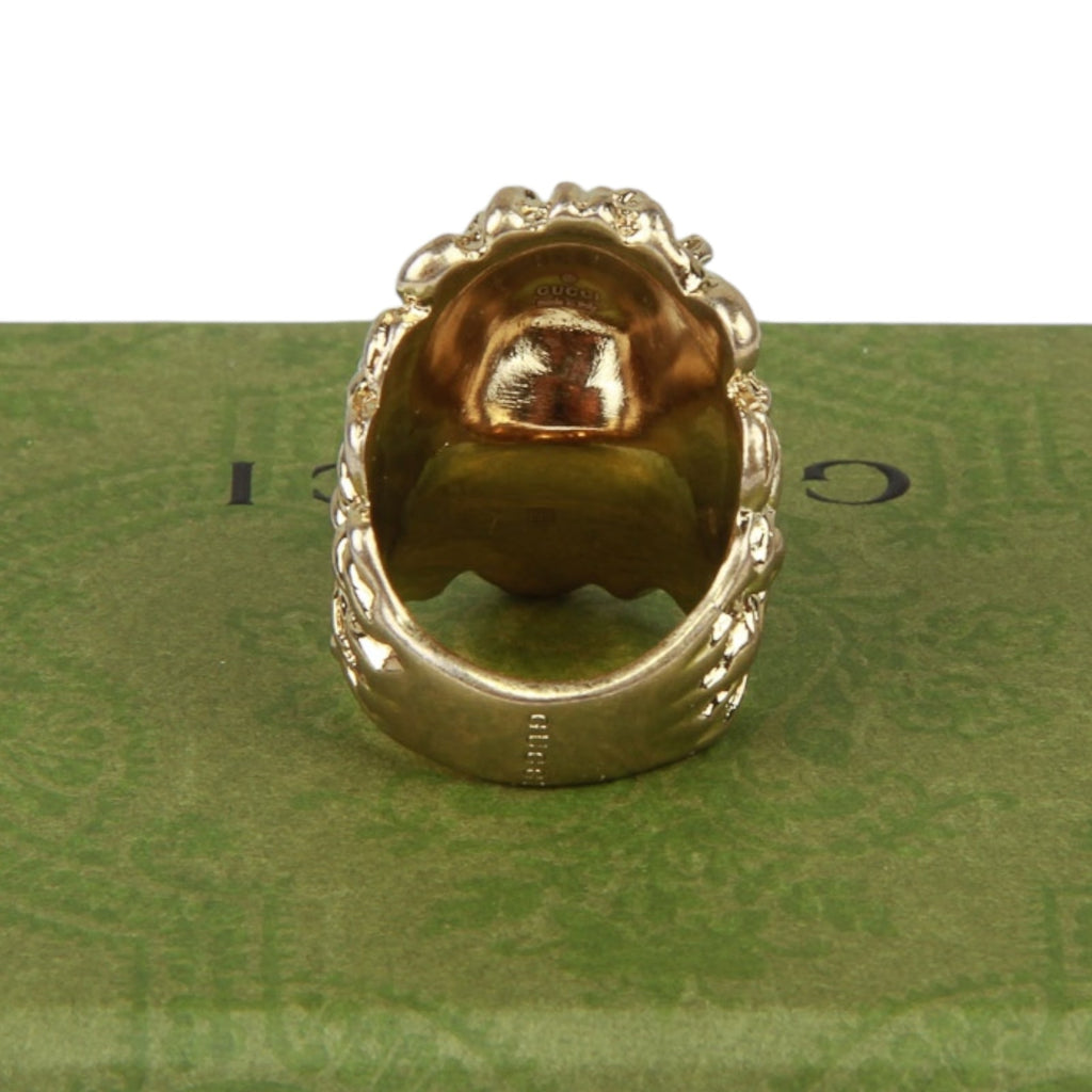 Authentic Gucci Lion Head Motif Crystal Ring In Gold Green