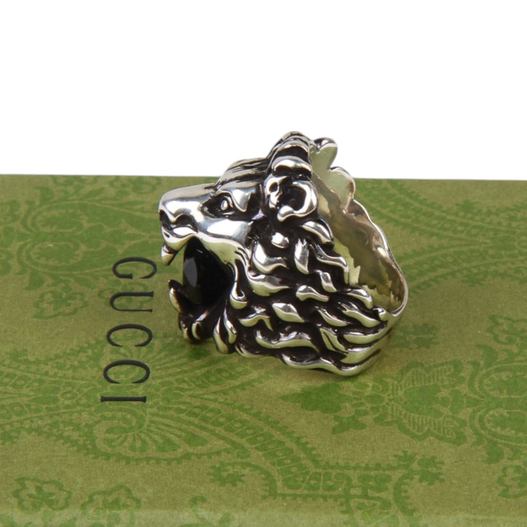 Authentic Gucci Lion Head Motif Crystal Ring In Silver & Black