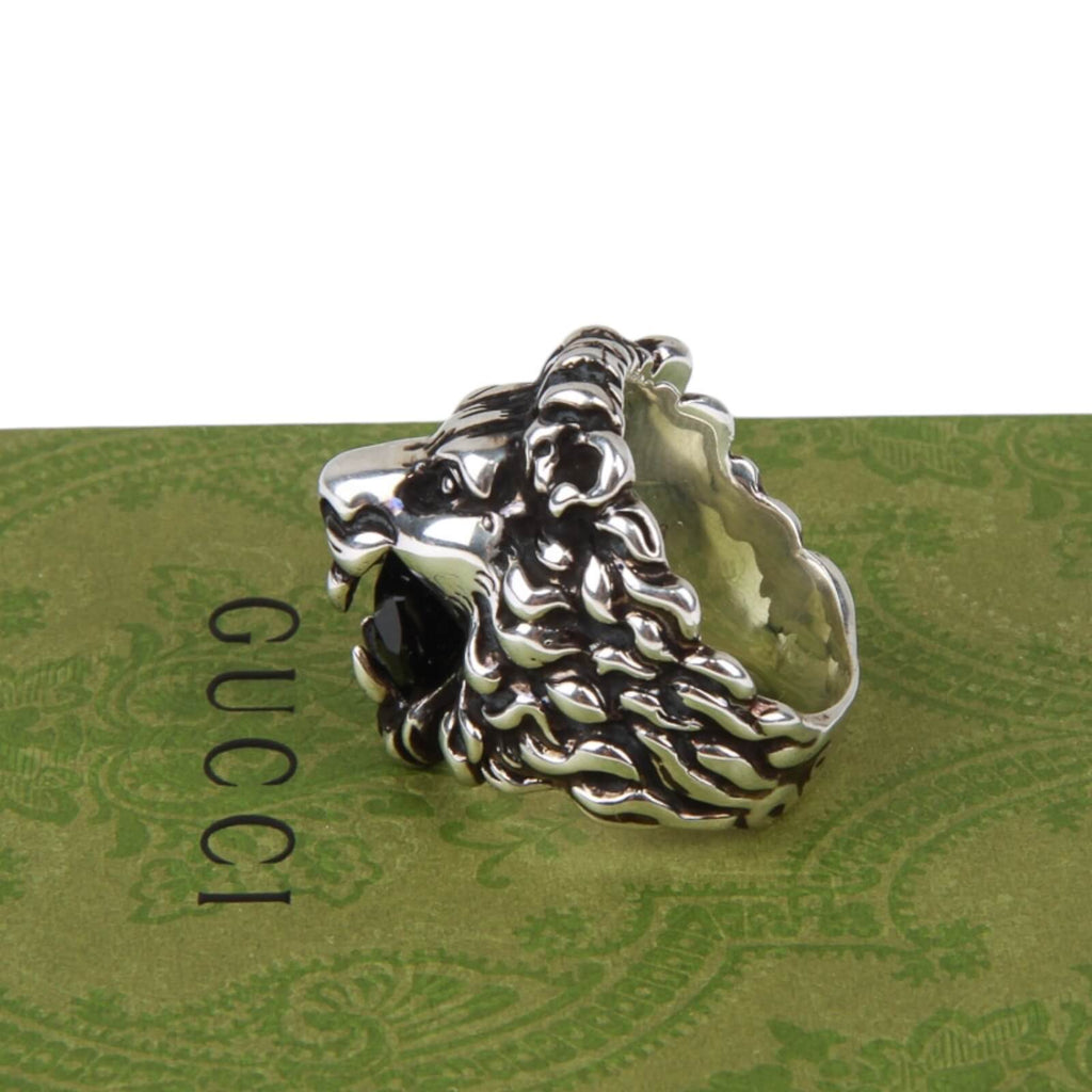 Authentic Gucci Lion Head Motif Crystal Ring In Silver & Black