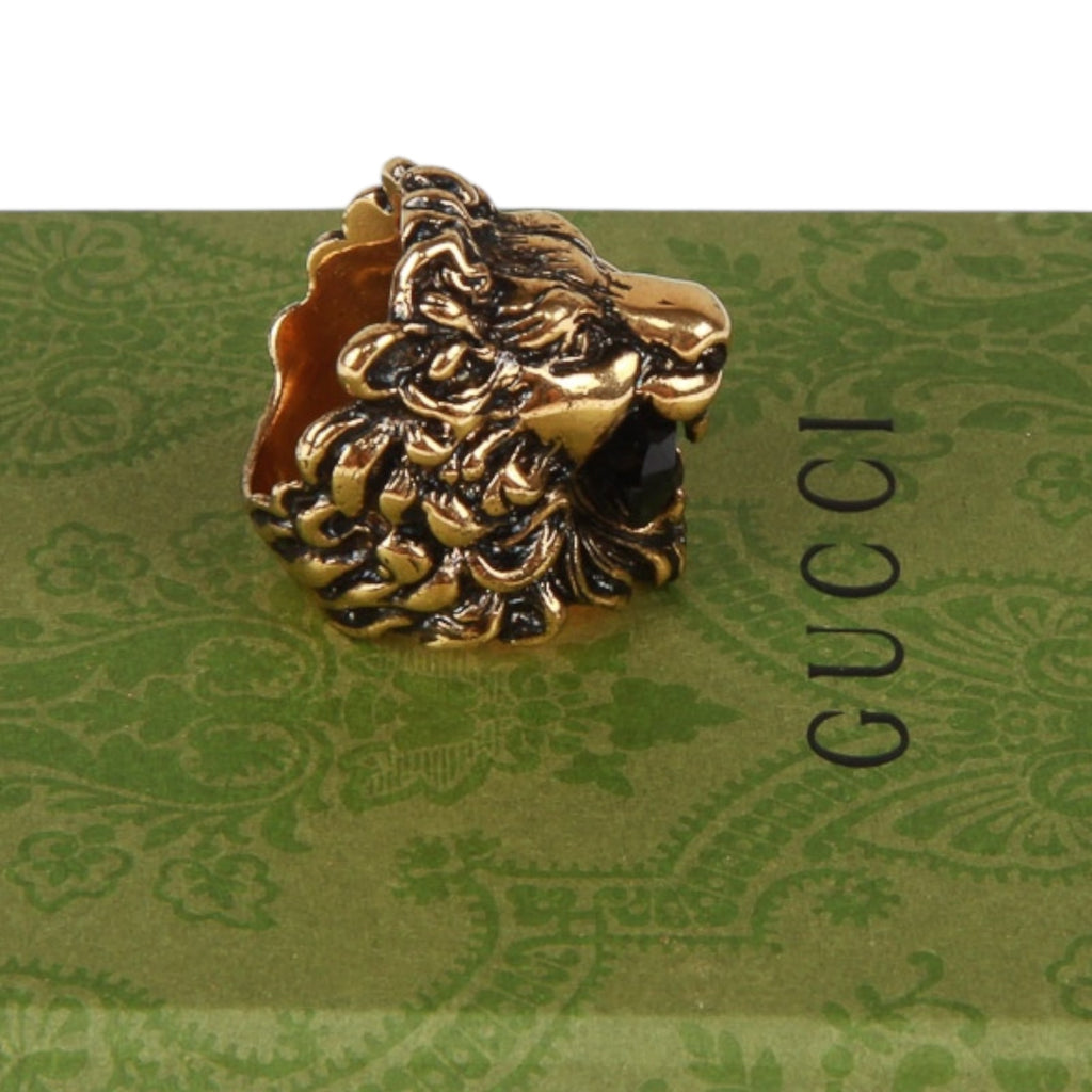 Authentic Gucci Lion Head Motif Crystal Ring In Gold & Black