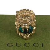 Authentic Gucci Lion Head Motif Crystal Ring In Gold & Green