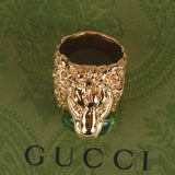 Authentic Gucci Lion Head Motif Gemstone Ring In Gold & Green