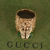 Authentic Gucci Lion Head Motif Gemstone Ring In Gold & Green