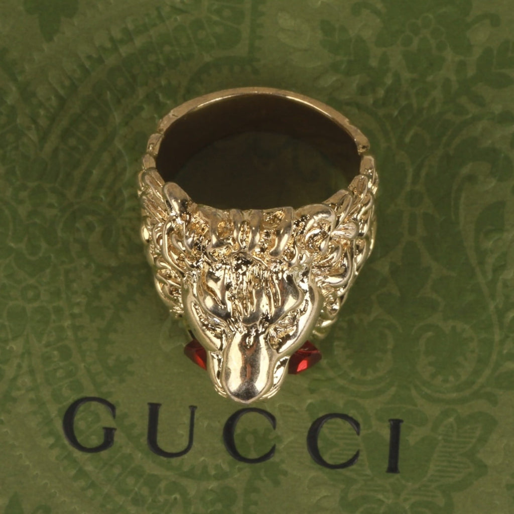 Authentic Gucci Lion Head Motif Crystal Ring In Gold & Red