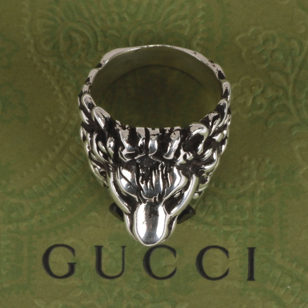 Authentic Gucci Lion Head Motif Crystal Ring In Silver & Black