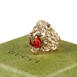 Authentic Gucci Lion Head Motif Crystal Ring In Gold Red