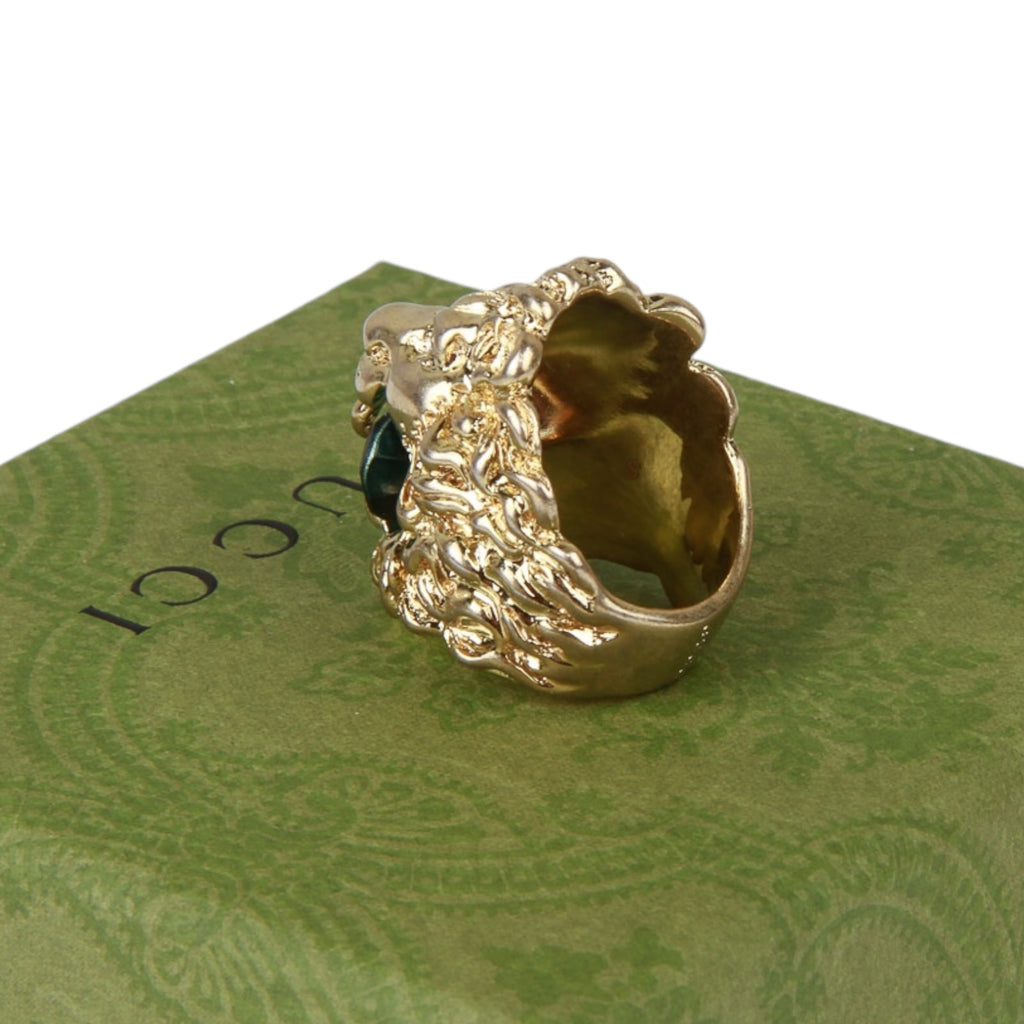 Authentic Gucci Lion Head Motif Crystal Ring In Gold Green