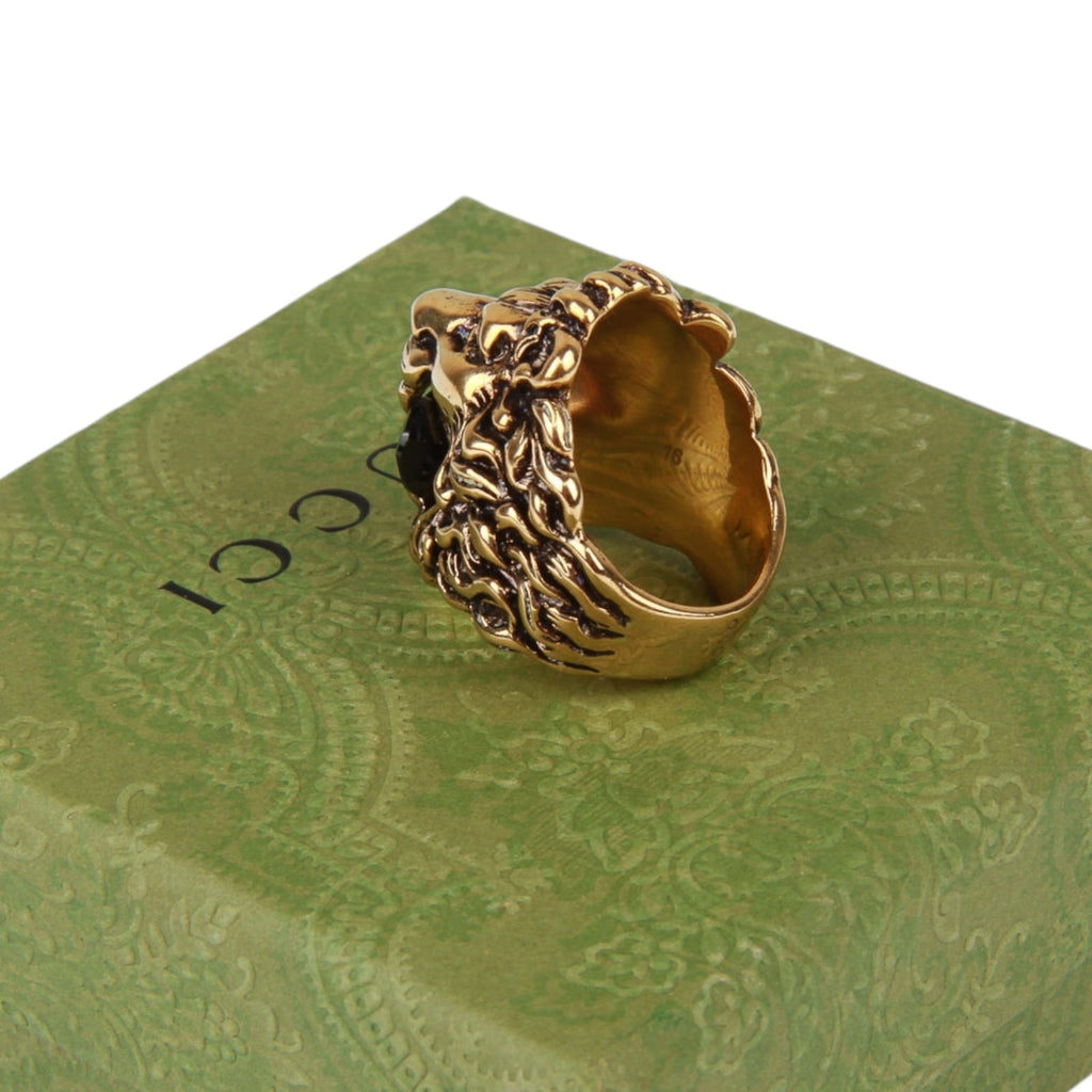 Authentic Gucci Lion Head Motif Crystal Ring In Gold Black