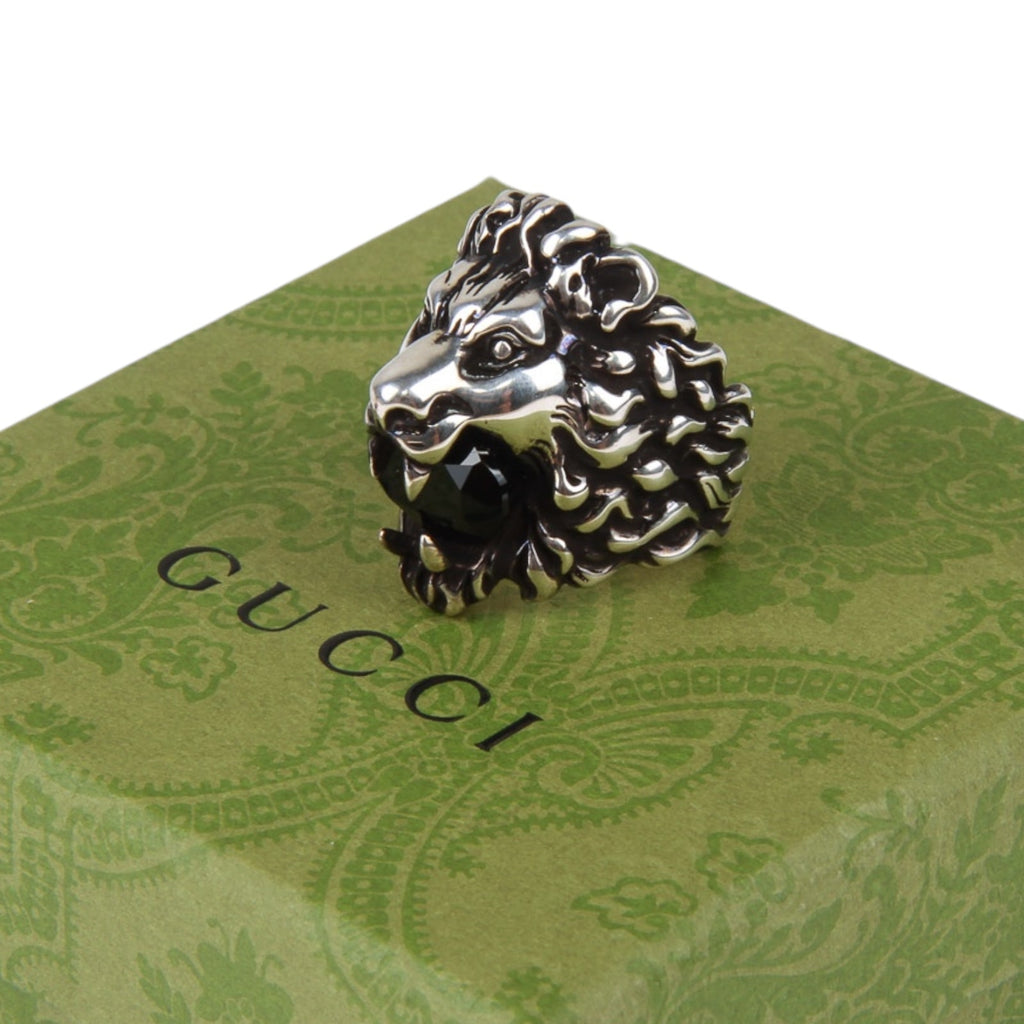 Authentic Gucci Lion Head Motif Crystal Ring In Silver & Black