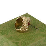 Authentic Gucci Lion Head Motif Crystal Ring In Gold & Red