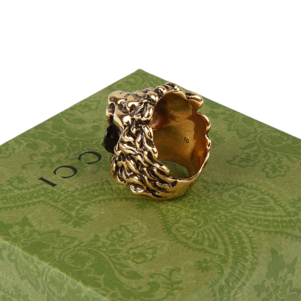 Authentic Gucci Lion Head Motif Crystal Ring In Gold & Black