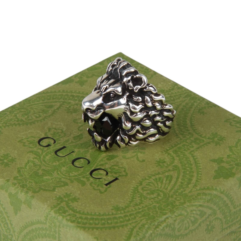 Authentic Gucci Lion Head Motif Crystal Ring In Silver & Black