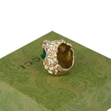 Authentic Gucci Lion Head Motif Crystal Ring In Gold & Green