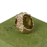 Authentic Gucci Lion Head Motif Crystal Ring In Gold & Red