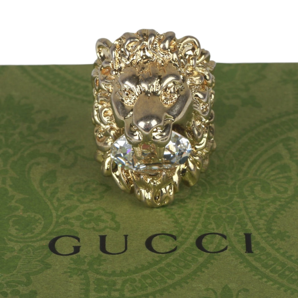 Authentic Gucci Lion Head Motif Crystal Ring In Gold