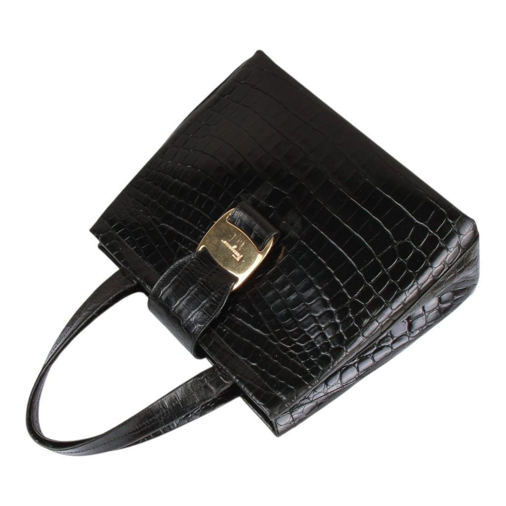 Authentic Salvatore Ferragamo black croc embossed hand bag