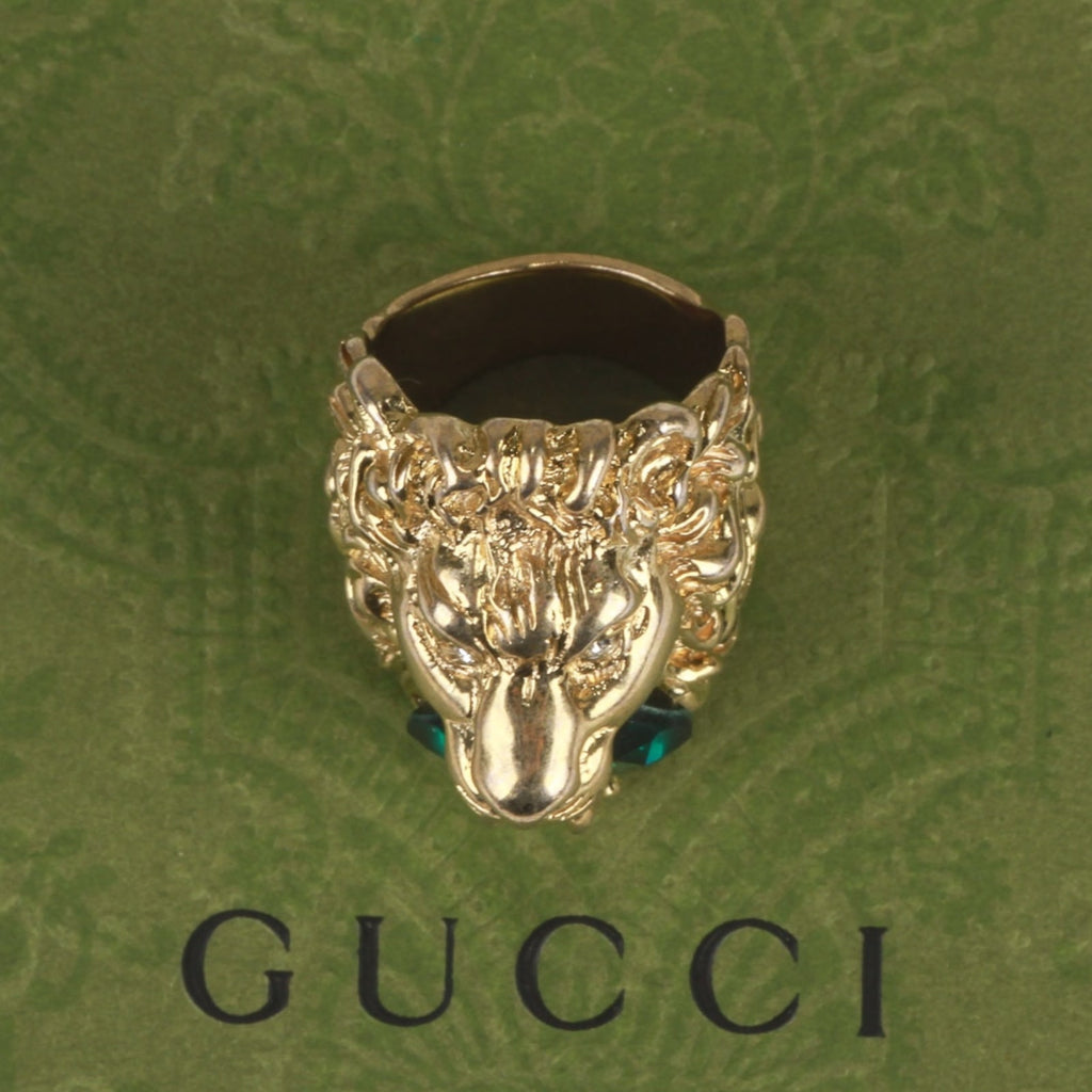 Authentic Gucci Lion Head Motif Crystal Ring In Gold & Green