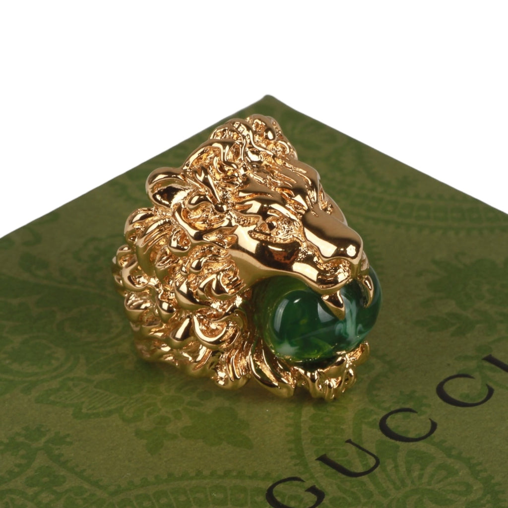 Authentic Gucci Lion Head Motif Gemstone Ring In Gold & Green