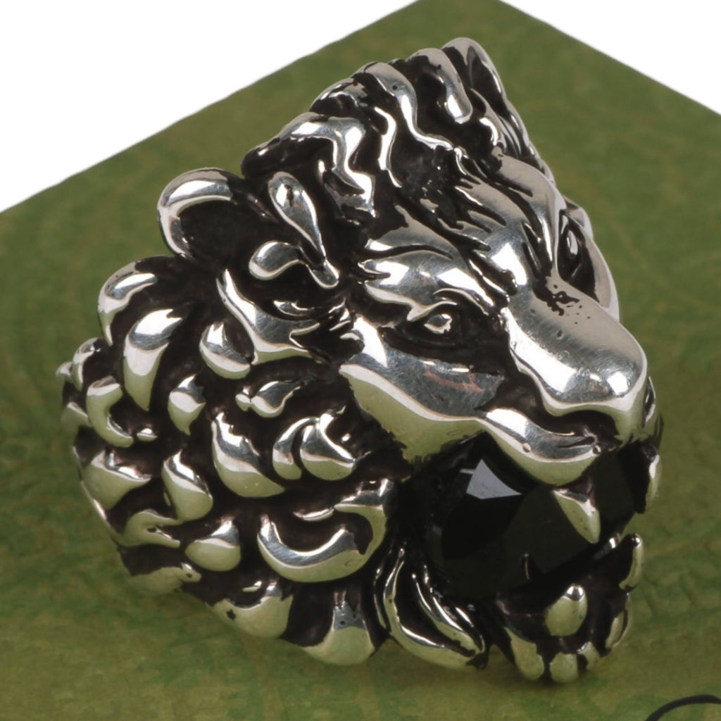 Authentic Gucci Lion Head Motif Crystal Ring In Silver & Black