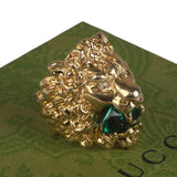 Authentic Gucci Lion Head Motif Gemstone Ring In Gold & Green