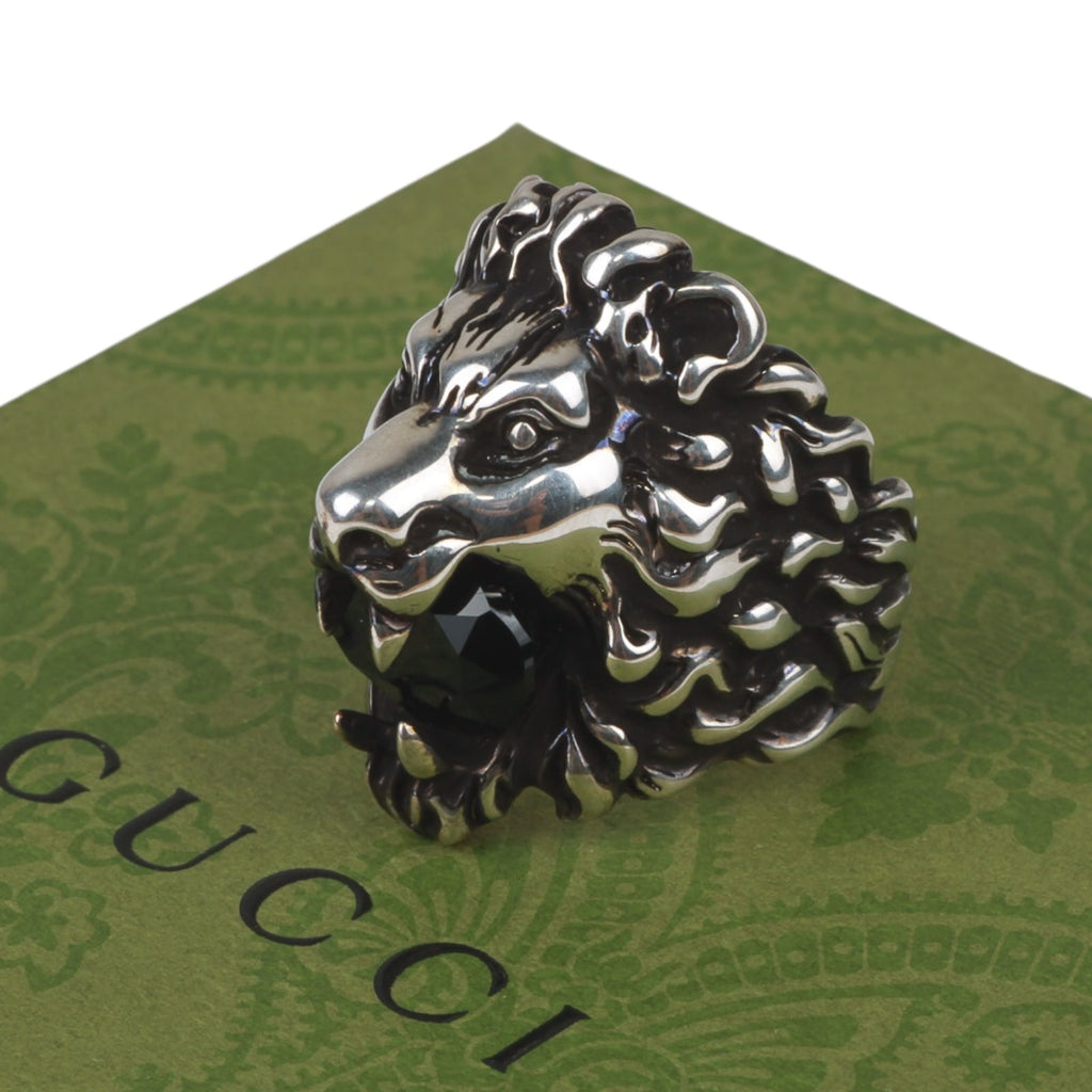 Authentic Gucci Lion Head Motif Crystal Ring In Silver & Black