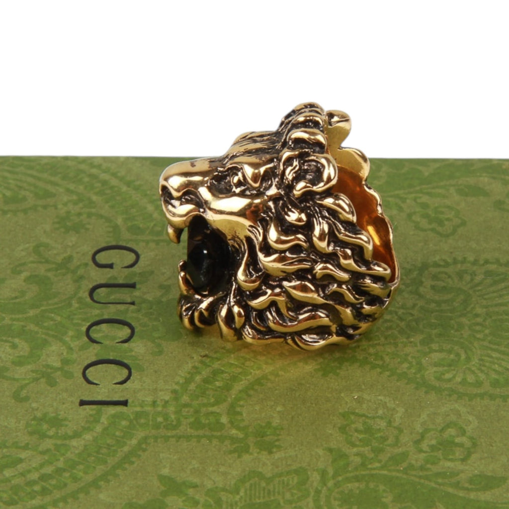 Authentic Gucci Lion Head Motif Crystal Ring In Gold & Black