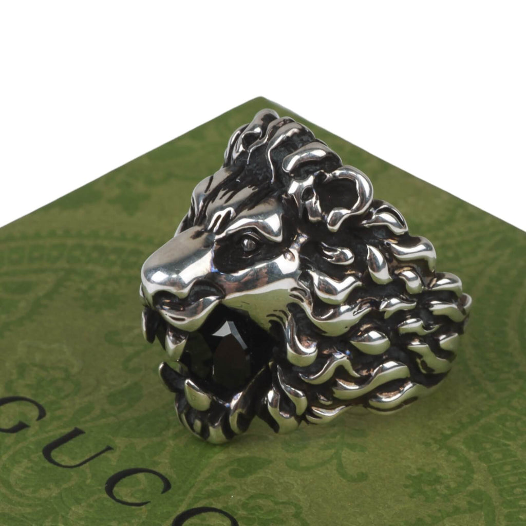 Authentic Gucci Lion Head Motif Crystal Ring In Silver & Black