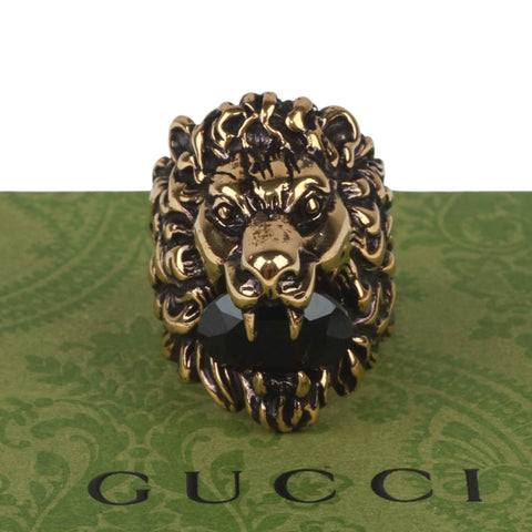 Authentic Gucci Lion Head Motif Crystal Ring In Gold & Red