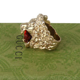 Authentic Gucci Lion Head Motif Crystal Ring In Gold & Red