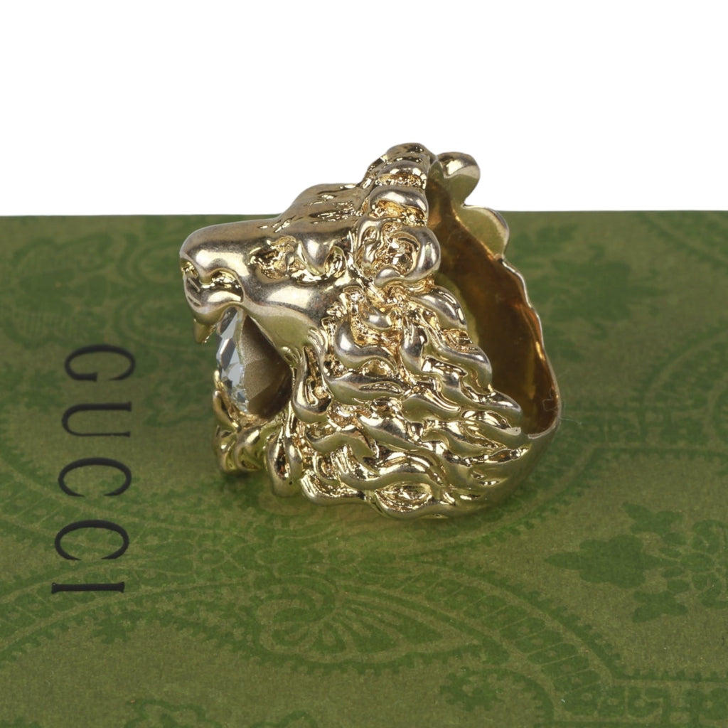 Authentic Gucci Lion Head Motif Crystal Ring In Gold