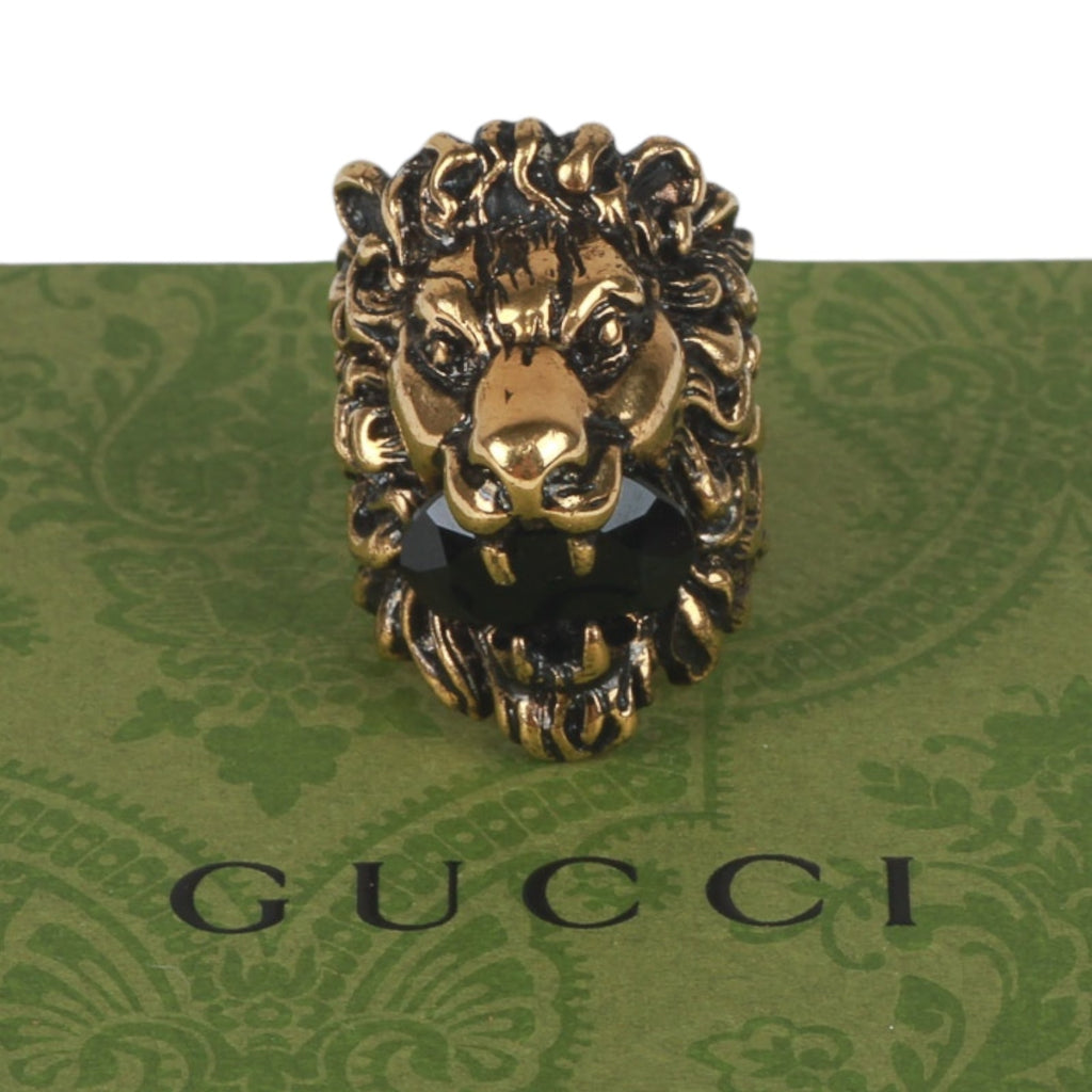 Authentic Gucci Lion Head Motif Crystal Ring In Gold & Black