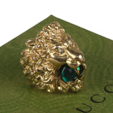 Authentic Gucci Lion Head Motif Crystal Ring In Gold & Green