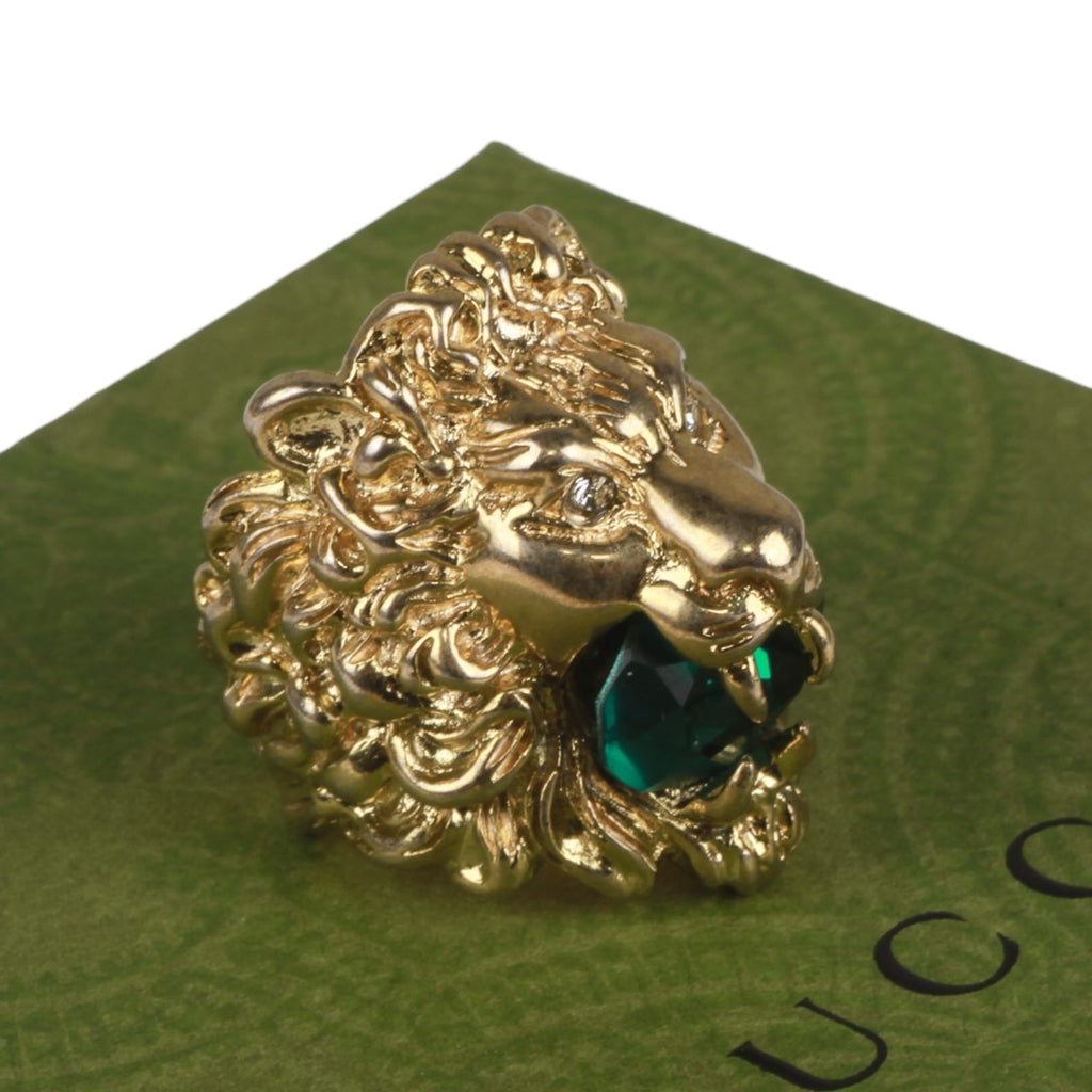 Authentic Gucci Lion Head Motif Crystal Ring In Gold & Green