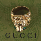 Authentic Gucci Lion Head Motif Gemstone Ring In Gold & Green