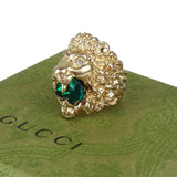 Authentic Gucci Lion Head Motif Crystal Ring In Gold Green