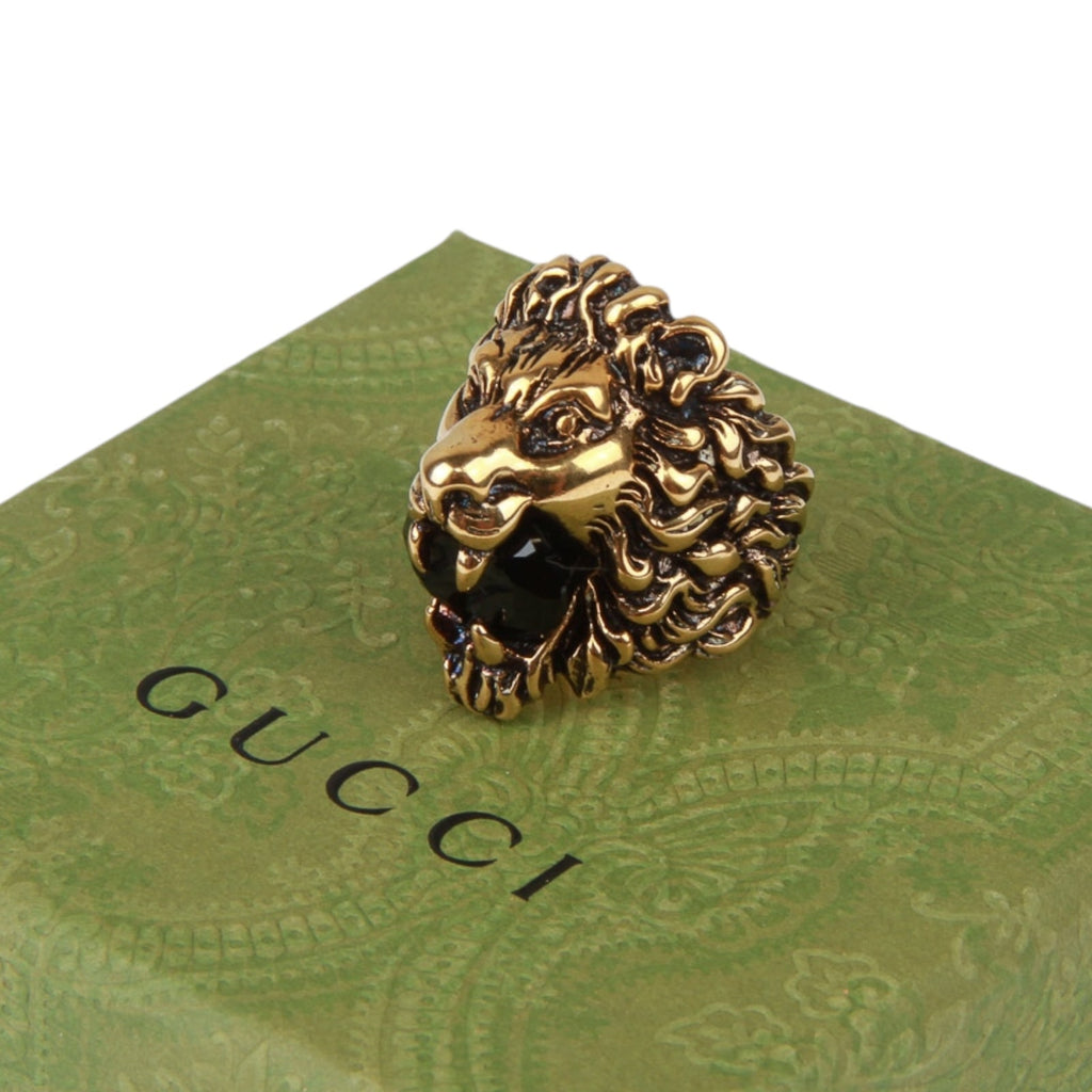 Authentic Gucci Lion Head Motif Crystal Ring In Gold Black