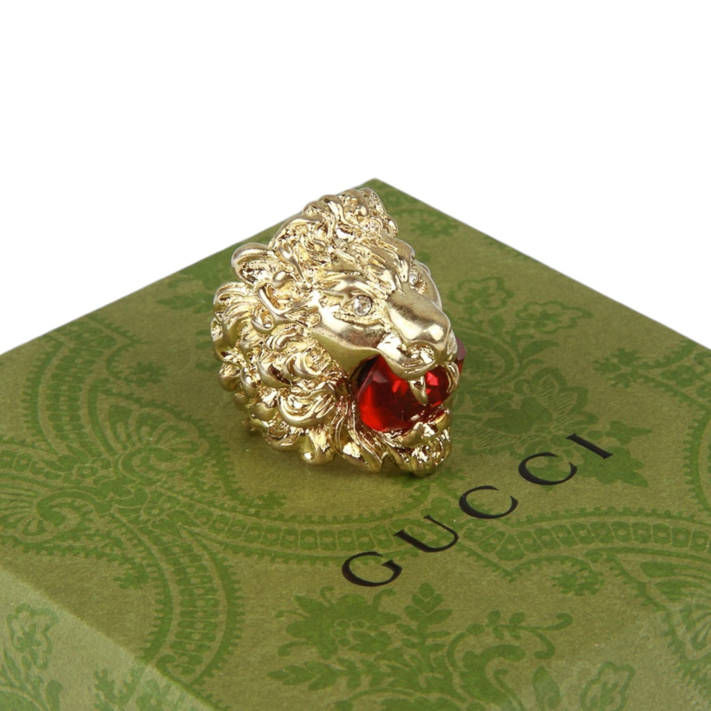 Authentic Gucci Lion Head Motif Crystal Ring In Gold & Red