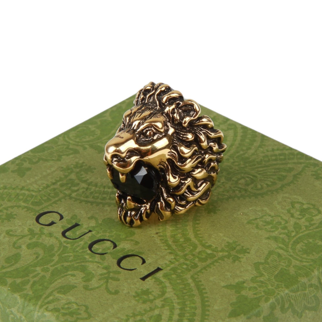 Authentic Gucci Lion Head Motif Crystal Ring In Gold & Black