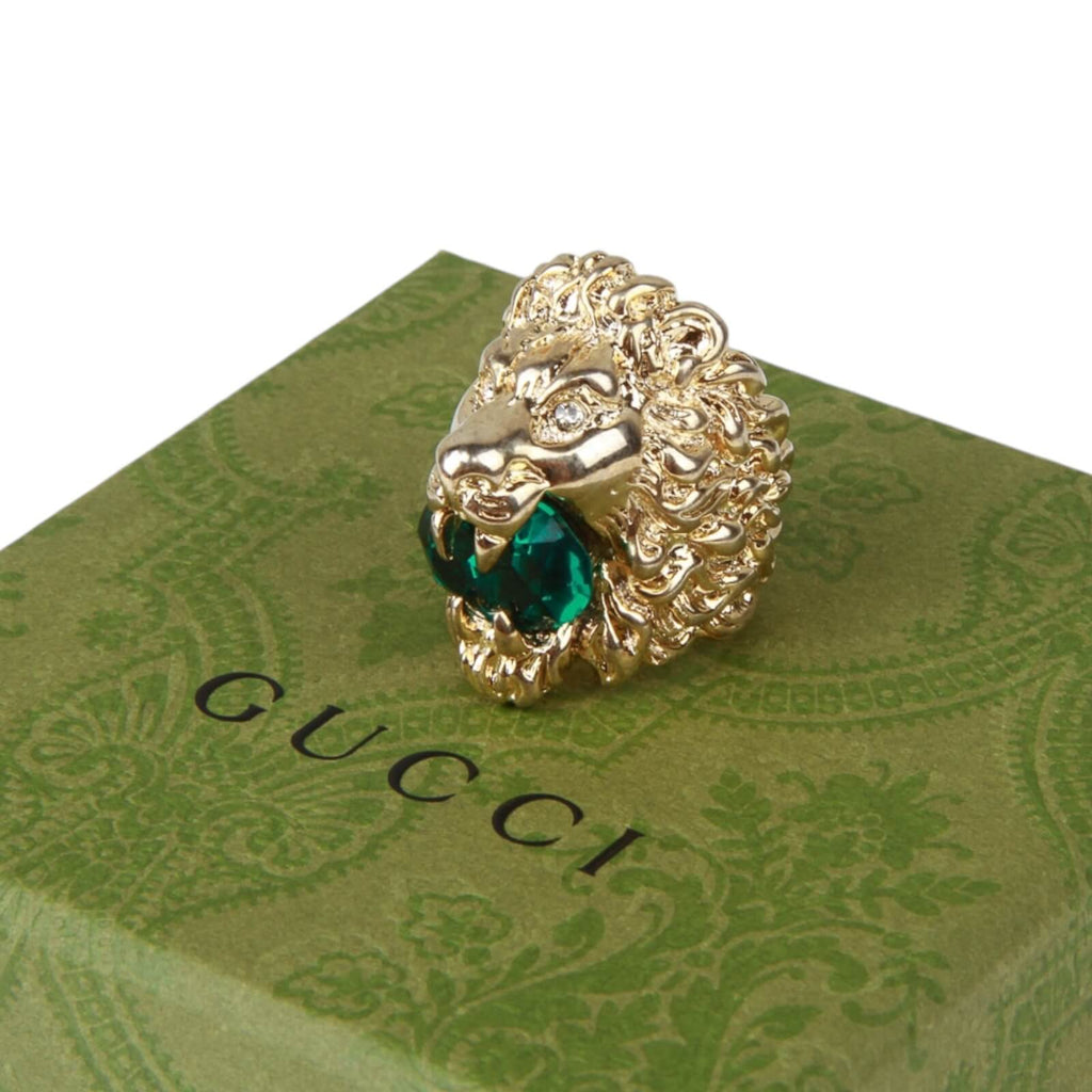 Authentic Gucci Lion Head Motif Crystal Ring In Gold & Green