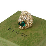 Authentic Gucci Lion Head Motif Crystal Ring In Gold & Green