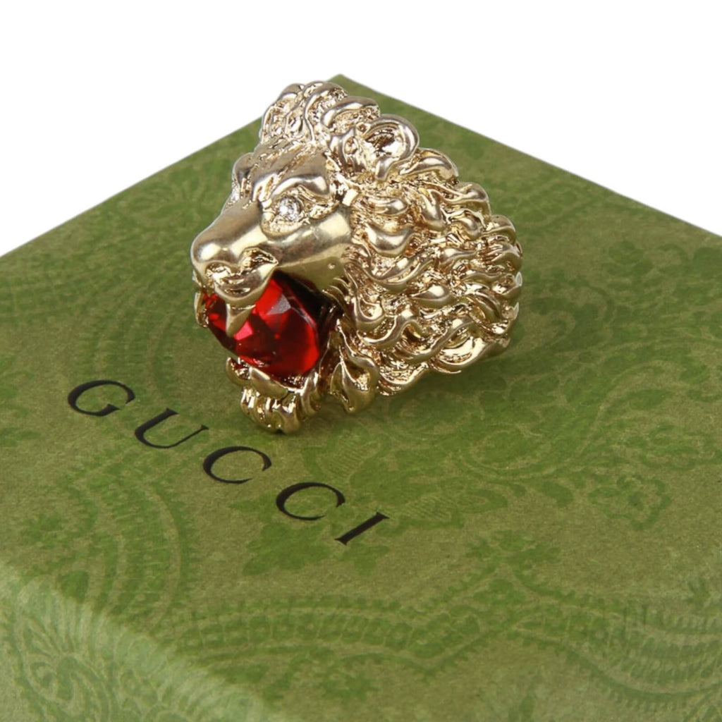 Authentic Gucci Lion Head Motif Crystal Ring In Gold & Red