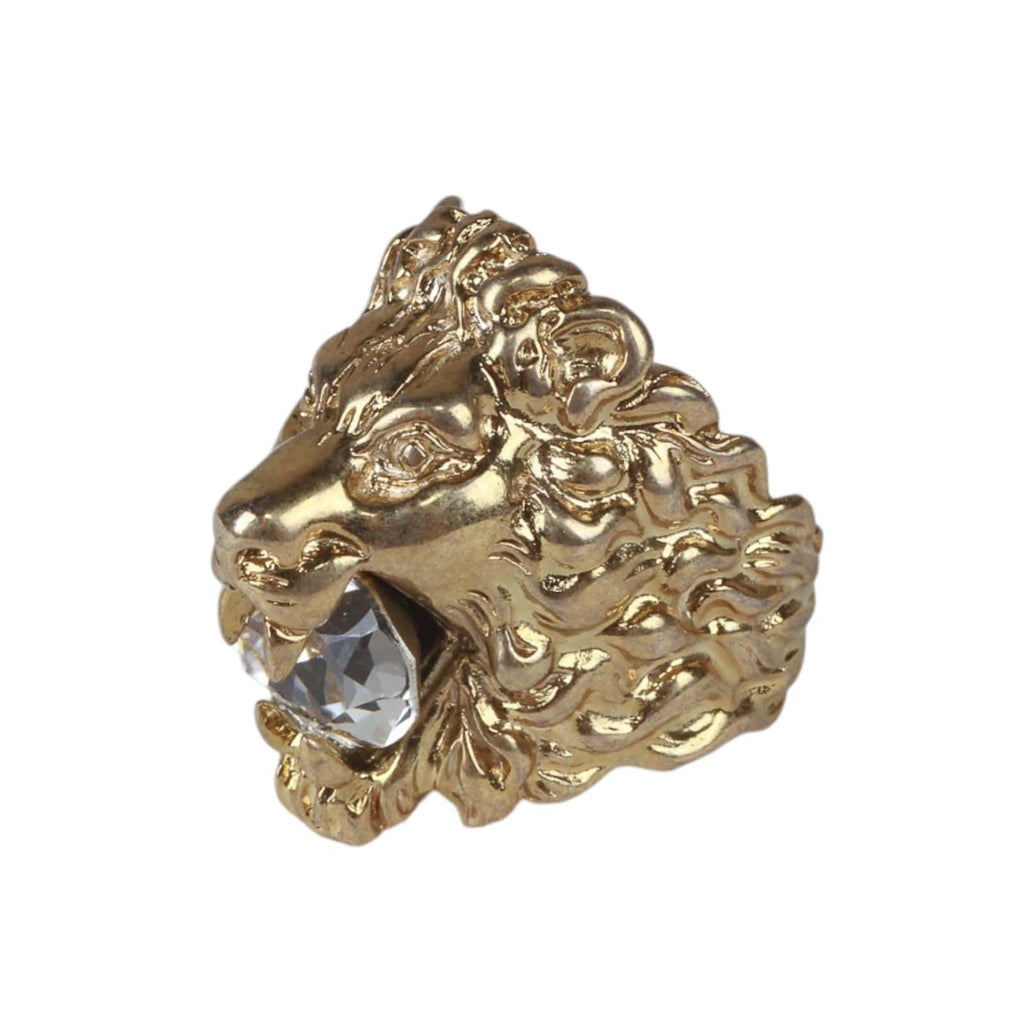 Authentic Gucci Lion Head Motif Crystal Ring In Gold