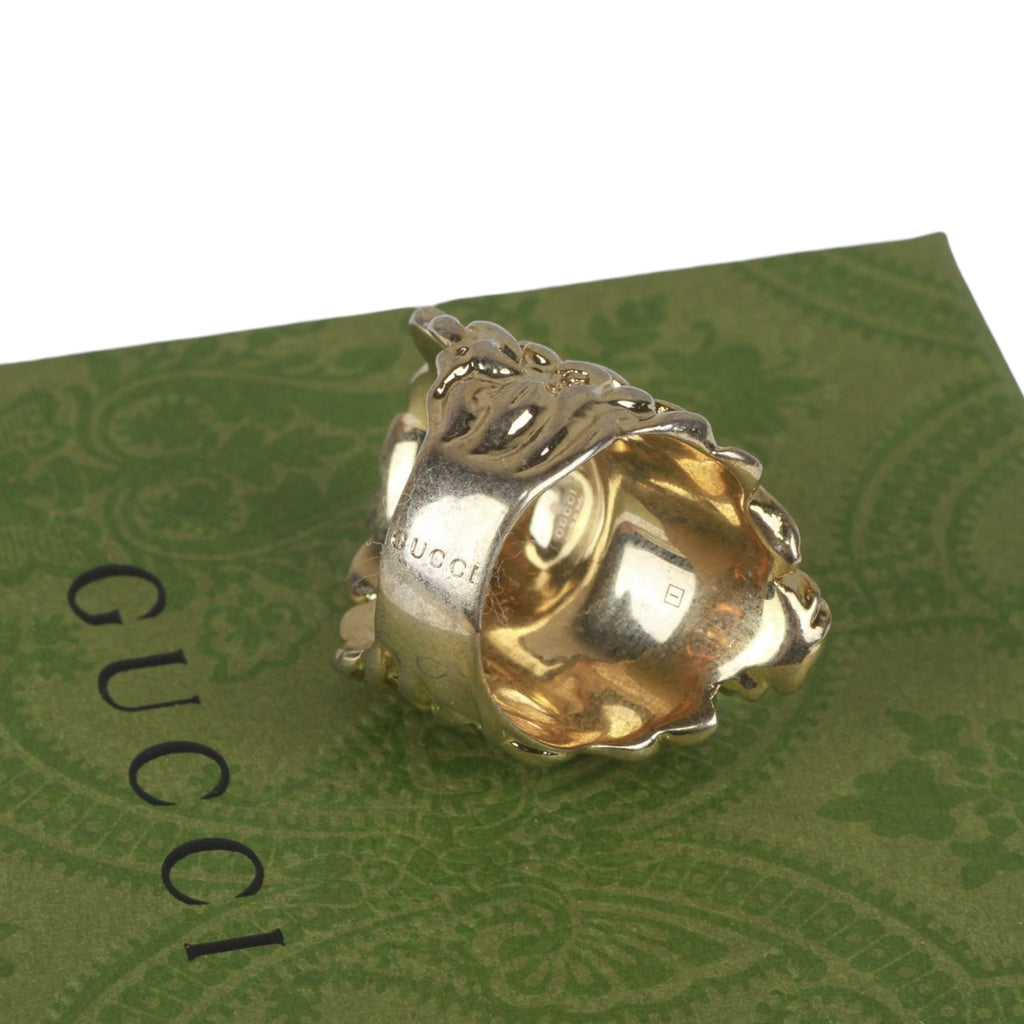 Authentic Gucci Lion Head Motif Crystal Ring In Gold