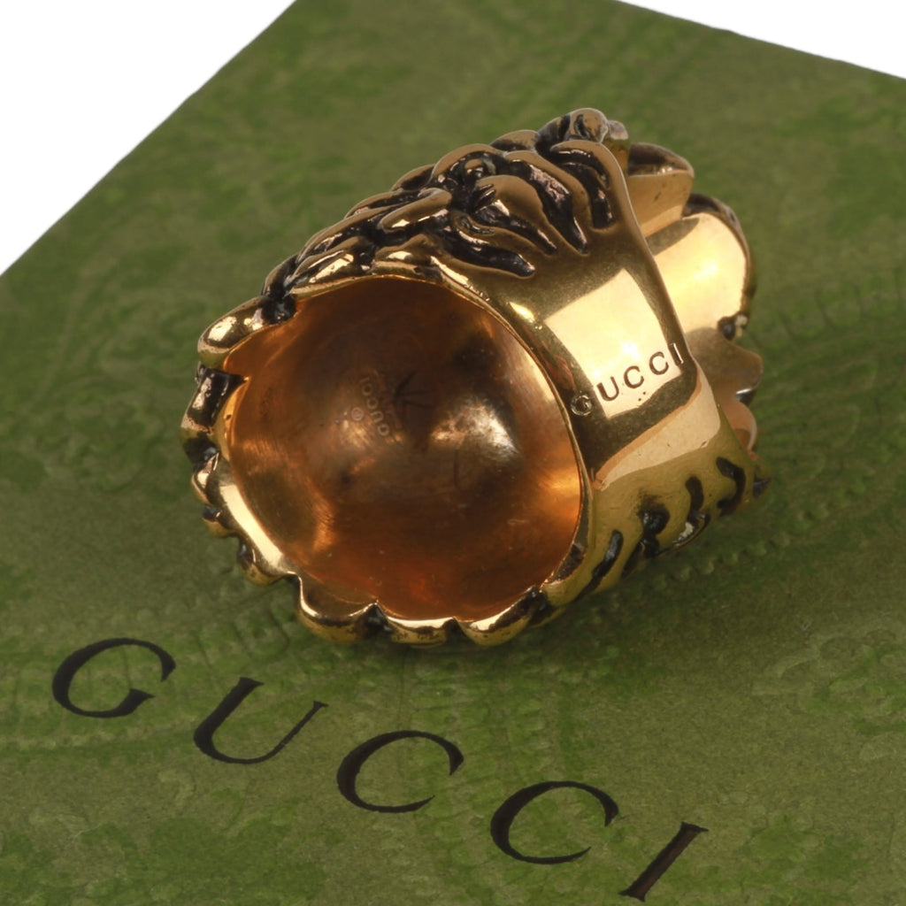 Authentic Gucci Lion Head Motif Crystal Ring In Gold & Black