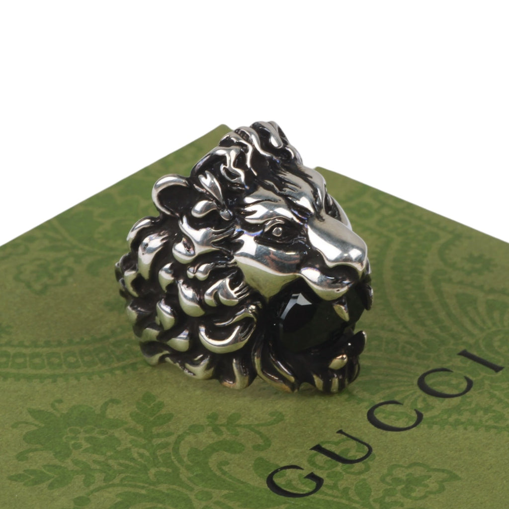 Authentic Gucci Lion Head Motif Crystal Ring In Silver & Black