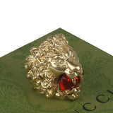 Authentic Gucci Lion Head Motif Crystal Ring In Gold & Red