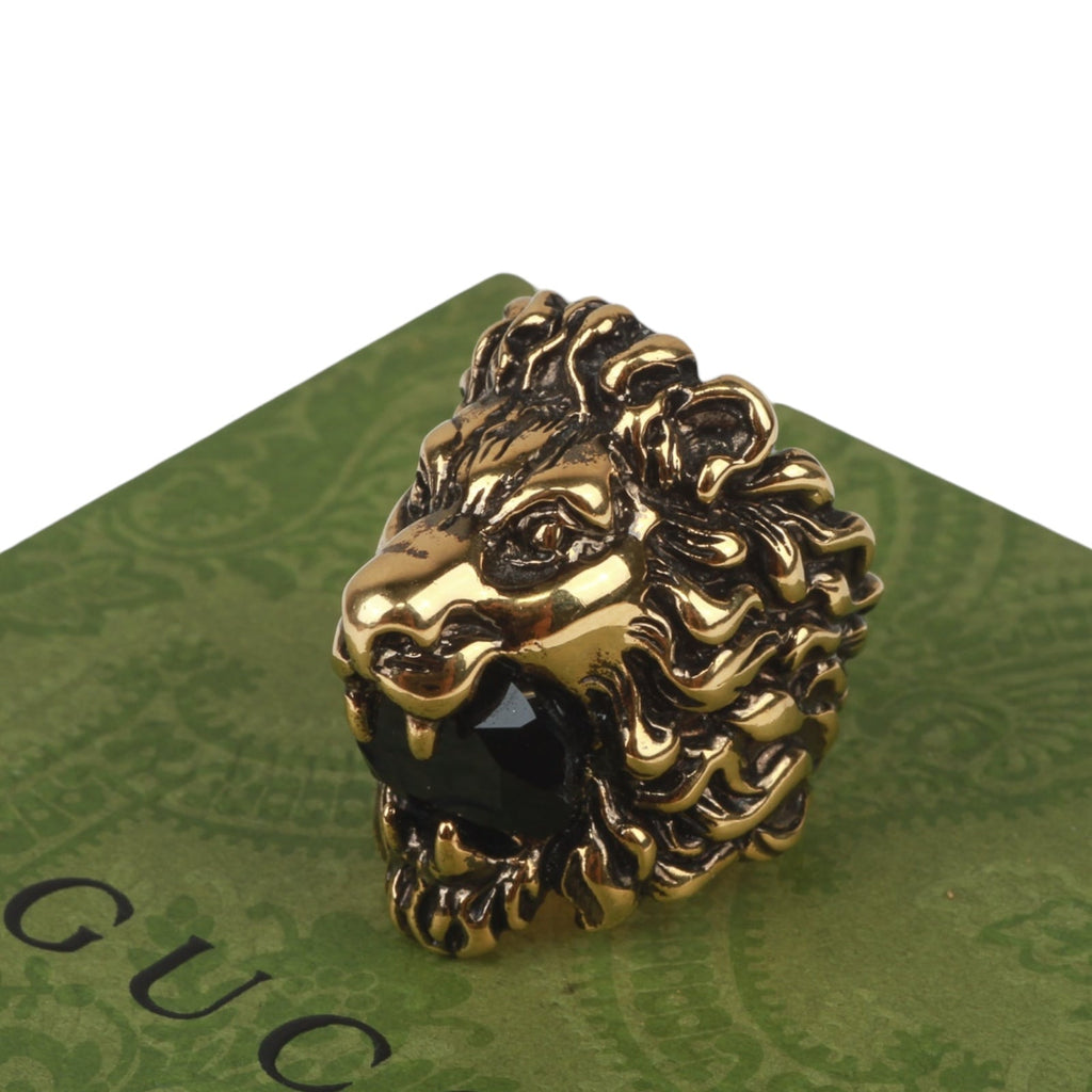 Authentic Gucci Lion Head Motif Crystal Ring In Gold & Black