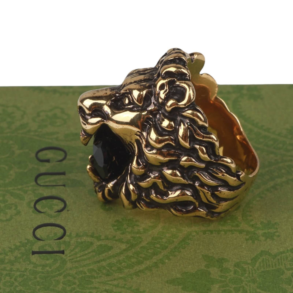 Authentic Gucci Lion Head Motif Crystal Ring In Gold & Black