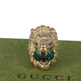 Authentic Gucci Lion Head Motif Crystal Ring In Gold & Green